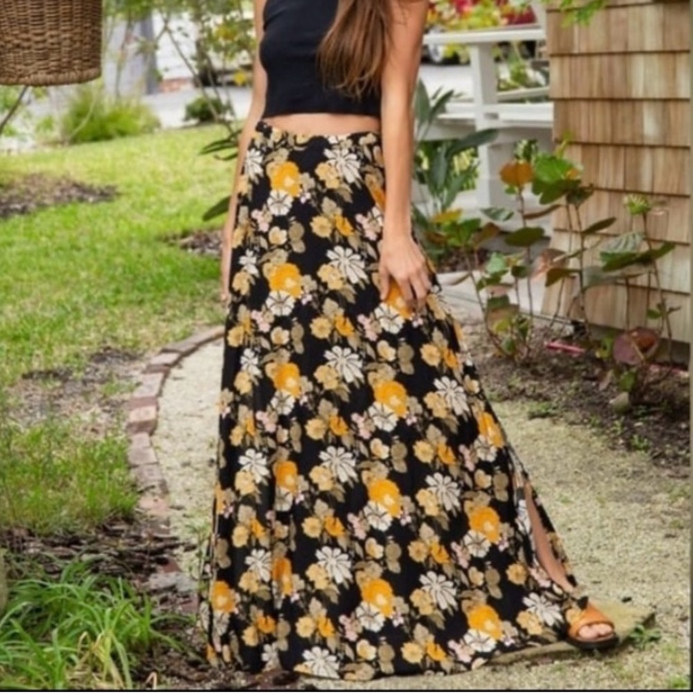 Floral Maxi Skirt - Black and Yellow